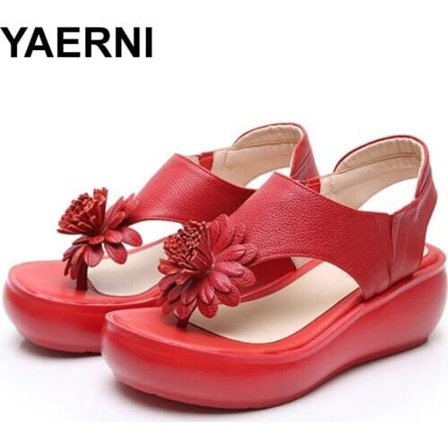 YAERNI Genuine Leather Sandals Shoes Women Summer Flip Flops 2020 Summer New Woman Chunky Sandals Summer Shoes White Casual