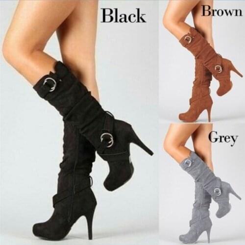 Sexy Thin High Heels Boots Women Buckle Zipper Pleated Mid Calf Boots Luxury Brand Ladies Shoes For Woman 2021