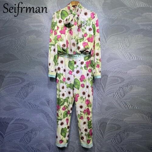 Seifrmann New 2021 Summer Women Fashion Designer Pant Set Bow Long Sleeve Tops + High Waist Printed Long Pants 2 Two Pieces Suit