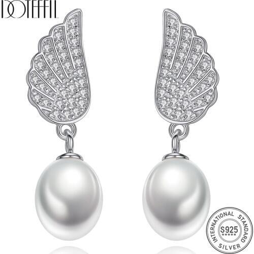 DOTEFFIL Earrings Natural Freshwater Pearl 925 Sterling Silver Angel Wings Earrings Pearl Jewelry Women Wedding/Party Gift