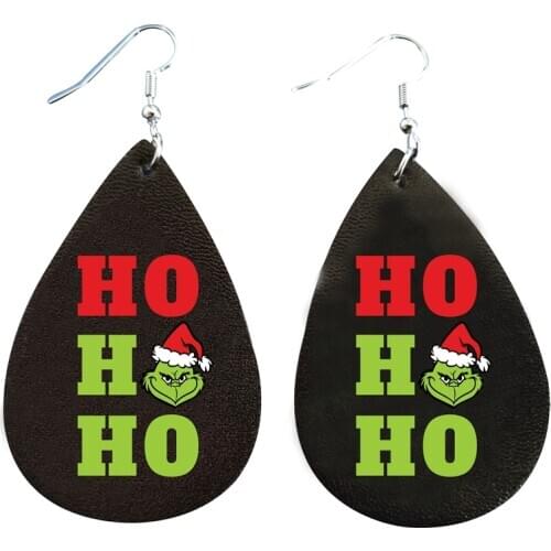 Ho Grinch Earrings Faux Leather Glitter Thanksgiving Day Teardrop Leaf Earrings Fall Earrings Stock
