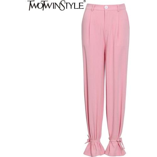 TWOTWINSTYLE Casual Pink Lace Up Straight Korean Fashion Pants For Women High Waist Wide Leg Pant Female 2021 Clothing Style New
