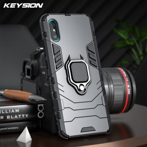 KEYSION Shockproof Armor Case for Xiaomi Redmi 9A 9C Ring Stand Bumper Silicone + PC Phone Back Cover for Xiaomi Redmi 9C 9A
