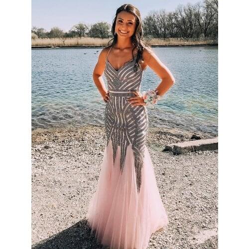 VKbridal Luxury Crystal Evening Dresses Long Cross Back Mermaid Tulle Formal Evening Gowns with train 2020 NEW Prom Party Dress