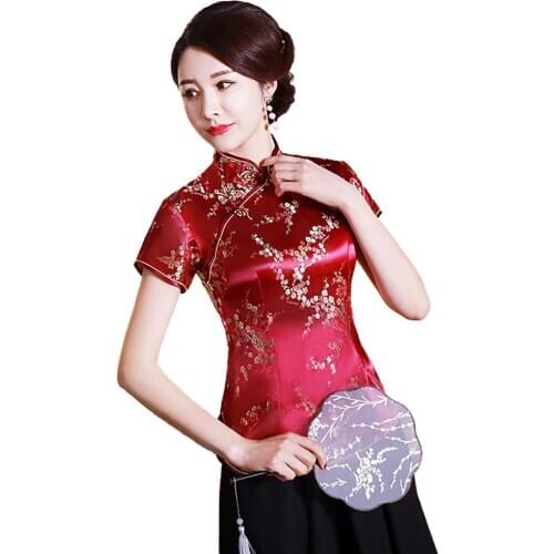 Women Chinese Plum Blossom Short Sleeve Stand Collar Buttons Slim Blouse Shirt Traditional Chinese Clothing for Women