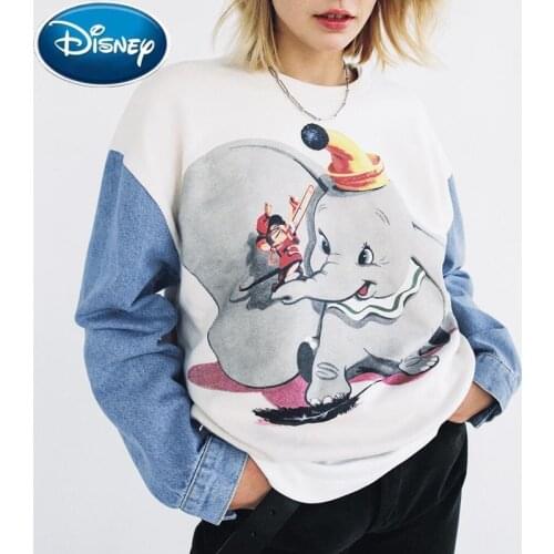 Disney Sweatshirt Fashion Dumbo Cartoon Sweatshirts Print Denim Patchwork Vintage Women O-Neck Long Sleeve Harajuku Top Female