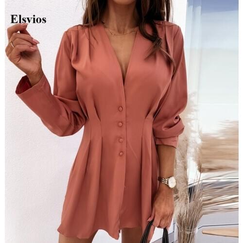 Fashion Autumn V Neck Button Office Shirt Dress Women Elegant Pleated Long Sleeve Party Dress Solid Casual Slim Fit Mini Dresses