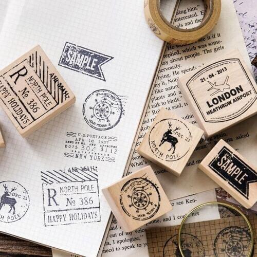1pcs Retro Postmark Series Wooden Rubber Stamp Diy Handmade Decal Stamps for Scrapbooking Card Photo Album Craft Gift