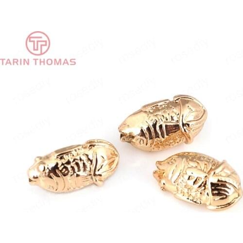 6PCS 8x15MM 24K Champagne Gold Color Plated Brass 3D Fish Spacer Beads Bracelet Beads High Quality Jewelry Accessories