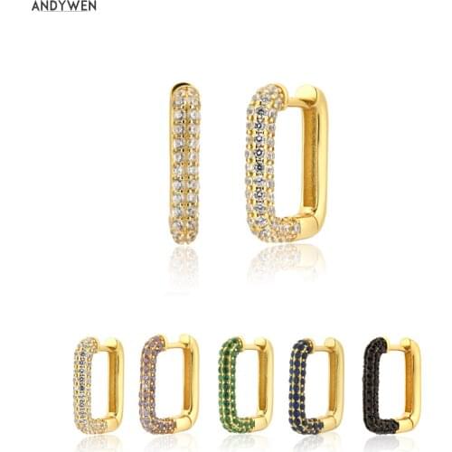 ANDYWEN 925 Sterling Silver Clear Zircon Pave Crystal Square Hoops Piercing Huggies Luxury Pave Colorful Loops Piercing Pendient