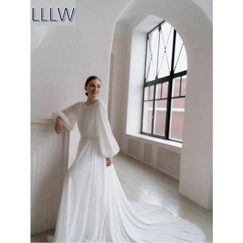 White Chiffon Scoop Long Sleeves Floor-Length A-Line Wedding Dresses Chapel Train Custom Made Bridal Gowns