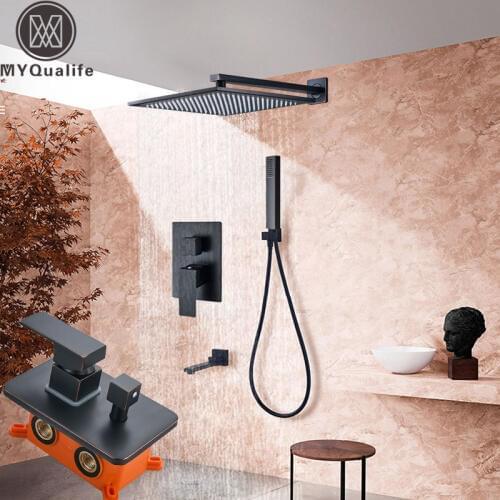 Oil Rubbed Bronze Bathroom Shower Mixer Faucet Brass Embedded Box Control Valve Shower Set Swivel Spout 8/10/12/16" Showerhead