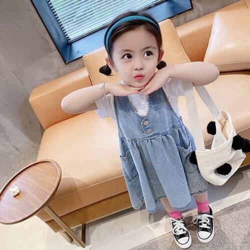 Korean Style Baby Girls Denim Dress 2Pcs Set 2021 Summer Infant Kids Short Sleeve T-Shirt+Jean Sundress Casual Children Clothing