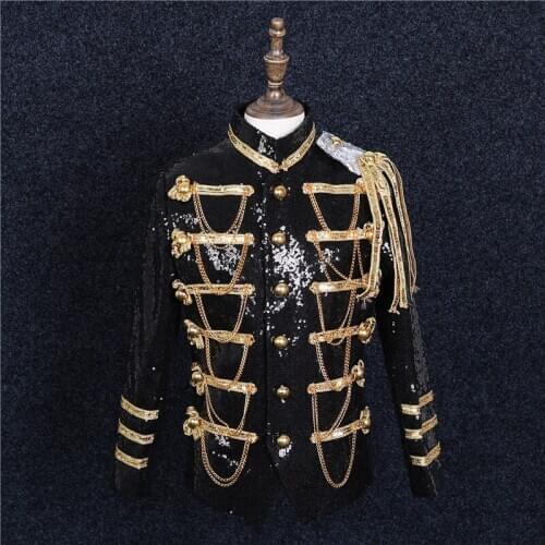 European Military Unifrom Mens Sequins Blazer with Tassel Elegant Choir Costume Party Nightclub Suit Court Style Coats