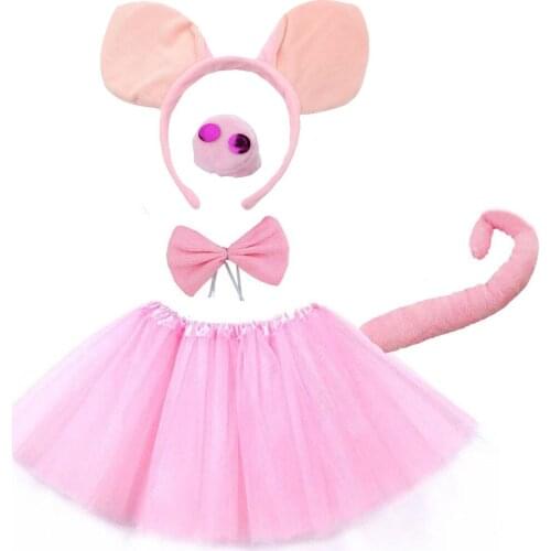 Cute Pink Animal Pig Ear Costume Set - Ears Nose Bow Tail Skirt Tutu Fancy Dress Cosplay Accessories Halloween Party Celebration