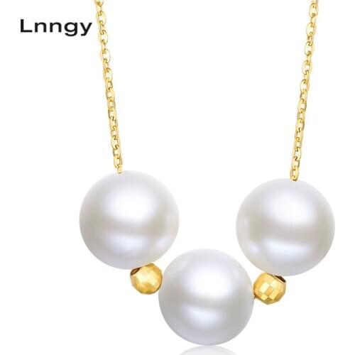 Lnngy 18K Yellow Gold Natural Cultured Freshwater Pearl Lady Chain Necklace 3pcs Pearl Link Engagement Wedding Christmas Gift