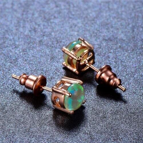 Cute Female Green Fire Opal Stone Earrings Rose Gold Color Small Round Stud Earrings For Women Vintage Wedding Earrings