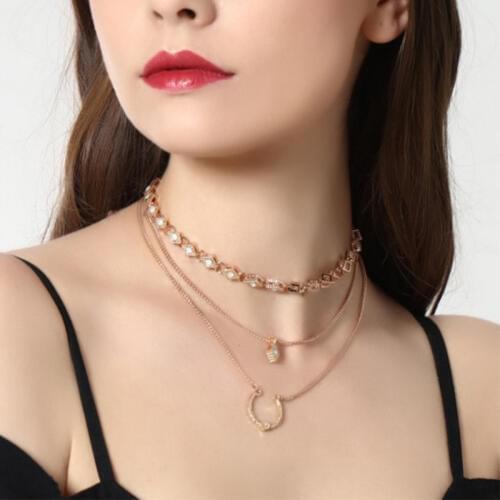 Multi layer Necklace Charm choker set Layered Crystal Chain choker necklace women boho delicate jewelry summer wedding gift
