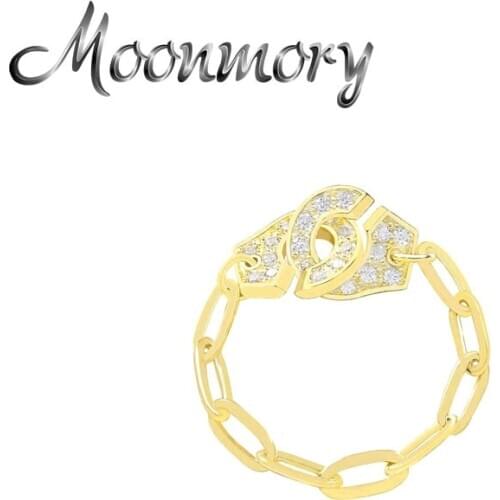 Moonmory 925 Sterling Silver Golden Handcuff Ring White Paper Clip Chain Double CZ Crystal Couple Rings Christmas Gift Menottes