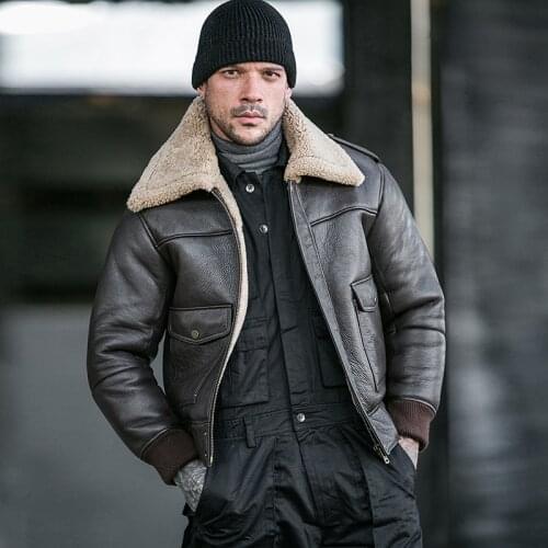New Shearling Jacket Sheepskin Coat Mens Motorcycle Coat Fur Parka Flight Jacket B3 B2 Aviator Genuine Leather Jacket Men