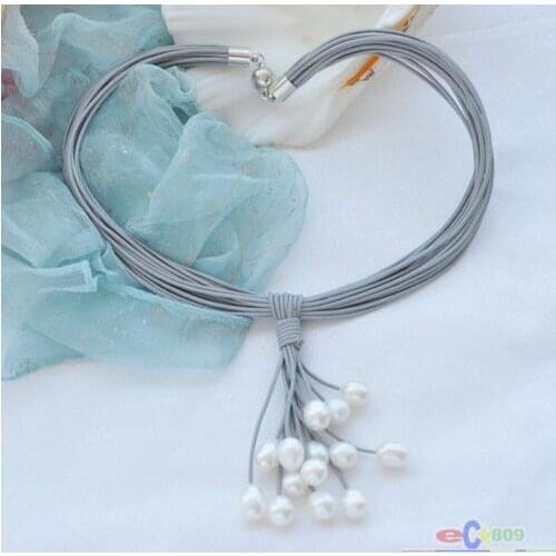 Wholesale 15row 17" 10-11mm white rice pearl gray leather grape necklace