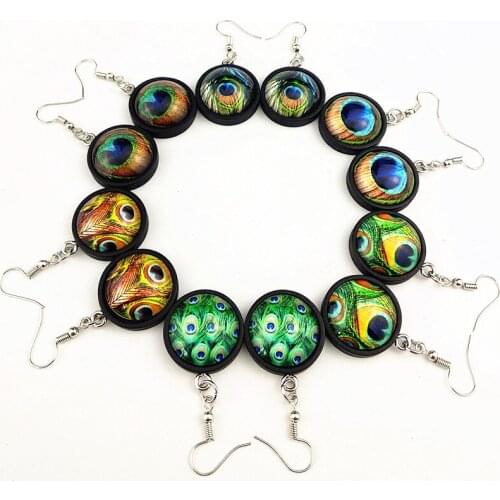 Jiangzimei 24pairs Peacock feather retro Bohemia black wood Glass earrings; ear pendants for girl women