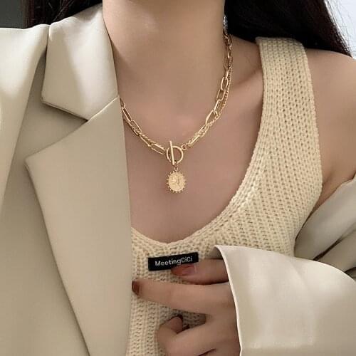 Trendy Gold Carved Portrait Coin Pendant Necklace For Women Punk Silver Color Multilayer Chain Choker Necklace Jewelry