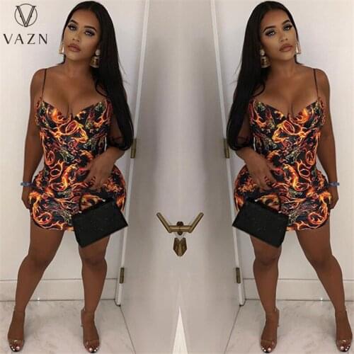 VAZN Top Quality 2021 Party Cocktail Pleated Print Dress Women Elegant Fashion Mini Dress Slim Dress Club Birthday Shinny Dress
