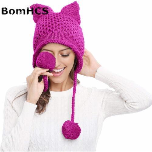BomHCS Funny Cat Ears Knit Women Girls Hat Autumn Winter Thick Warm Handmade Knitted Beanie Hat