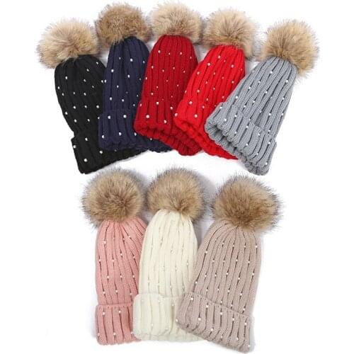 Imitation Pearls Knitted Wool Beanies Hat for Women Thick Warm Fur Pom Bonnet Skullies Hat Beanie Caps Pompom Outdoor Streetwear