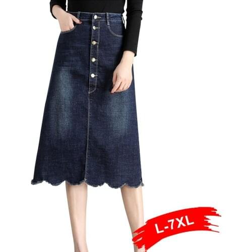 Plus Size Button Up Scallop Trim Calf Length Jeans Skirt 5Xl Spring Summer A-Line Midi Long Denim Skirts Maxi Maxi Saia Feminina