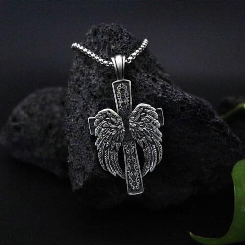 Mens Norse Cross Pendant Chain Antique Angel Wing Religion Necklaces Christian Cross Necklaces Sword Pure Tin Cross Pendant