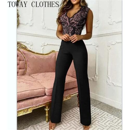 V Neck Lace Jumpsuit Sexy Stitching Sleeveless Party Office Slim Sheath Casual Look for Women