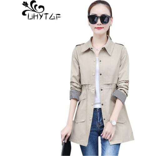 UHYTGF Trench coat for women single-breasted slim Spring autumn trench coats solid color wild thin clothes 3XL Plus size top 852
