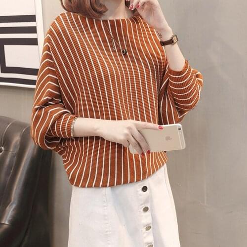 Fad Womens Autumn Sweaters Knitted Striped Loose Casual Pullovers Oversized Batwing Sleeve o Neck Korean Style Jumpers Ladies