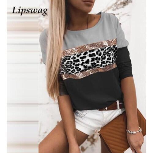 Spring Long Sleeve Autumn Pullover Tops Elegant O Neck Lady Shirt Blusa Casual Patchwork Leopard Sequin Women Blouse Streetwear