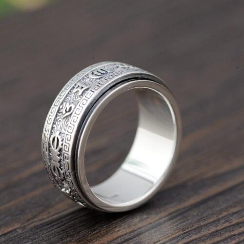100% 925 Silver Tibetan Six Words Proverb Spinning Ring 925 Sterling Buddhist OM Mani Turning Ring Pure Silver Good Luck Ring