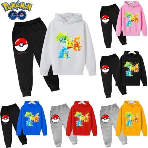 Pokemon Pikachu Hoodie Anime Autumn Sportwear Print Baby Boys Girls Hoodies Sweater +Pants 2pcs Set Toddler Cute Outfit Clothing