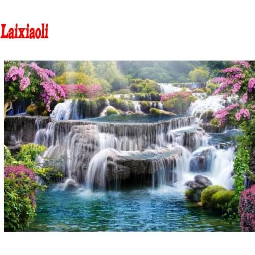 5D DIY Diamond Painting Wall Sticker Full Square Drill waterfall flower natural scenery Cross Stitch Home Decor Embroidery icon