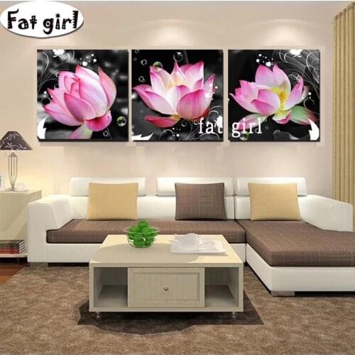 No Frame Flower Lotus Diy Diamond Painting Full Square/Round Wall Art 5D Diamond Embroidery Mosaic Triptych Living Room Decor