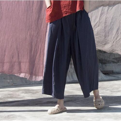Women Spring Summer Cotton Linen Ankle-length Harem Pants High Waist Loose Casual Retro Solid Trousers Wide Leg Plus Size Pants