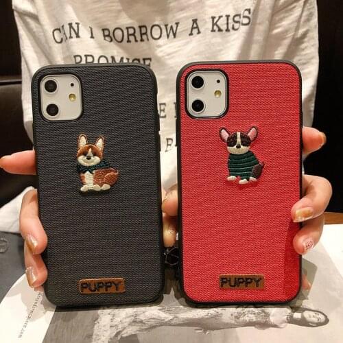 OEING Embroidery Cute Dog Case For iPhone 12 11 Pro Max mini 7 8 XR X XS MAX SE Beautiful Style Shockproof Case Cover