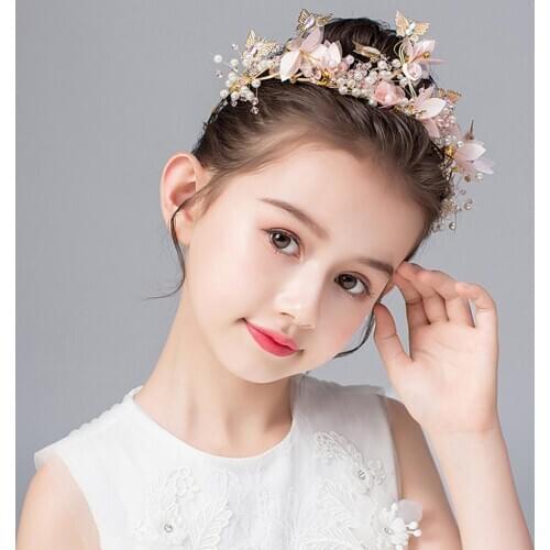 Kids Faux Pearl Flower Butterfly Crown Tiara Headband Princess Party Headwear Cute Crown Headdress Children Princess Little Girl
