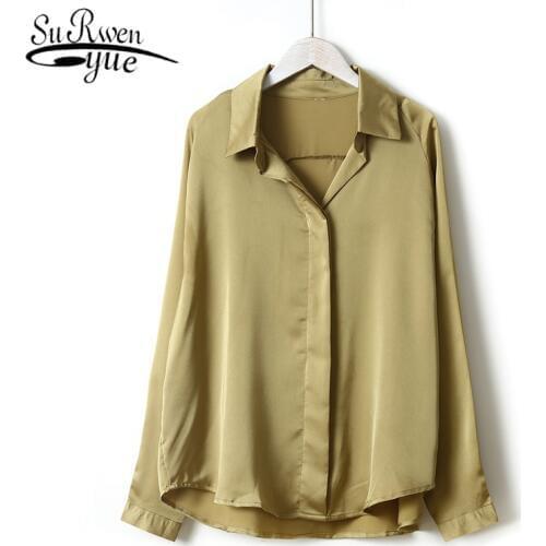 Women Long Sleeve Solid Turn-down Collar Button Women Tops and Blouses Autumn 2021 New FashionTemperament Silk Shirt 6649 50