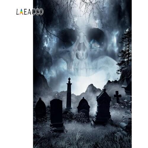 Laeacco Halloween Backgrounds Skull Cemetery Tombstone Hill Grass Trees Photography Backdrops Baby Portrait Photophone Photozone