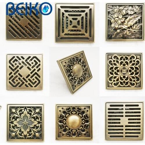 Creative Floor Drains Antique Brass Shower Floor Drain Bathroom Deodorant Chinese Square Floor Drain Strainer Cover Grate Waste