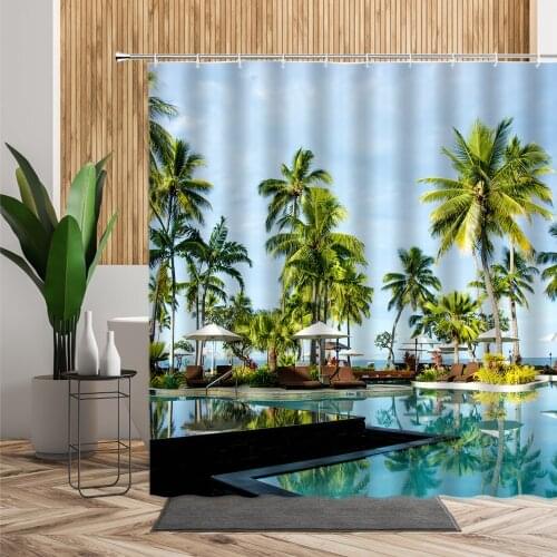 Summer Beach Holiday Natural Scenery Shower Curtain Blue Sea Palm Tree Dolphin Seagull Home Decoration Waterproof Bath Curtains