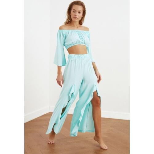 Mint Trotting Detailed Beach Bottom-Top 2 Pecs Suit Summer Tracksuit Sets Boho Beach Style Cotton Sets Vintage High waist Loose