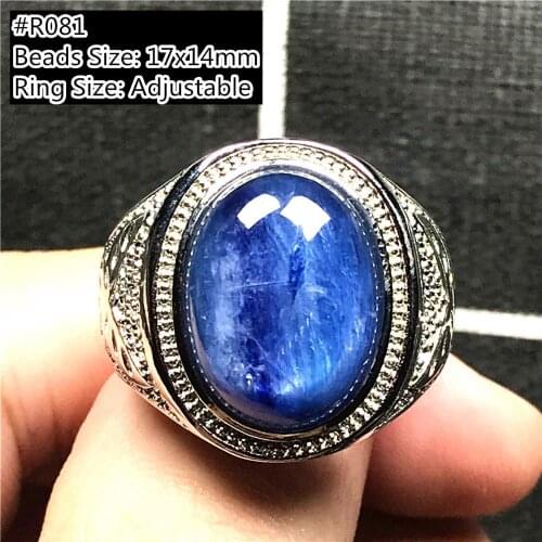 Real Natural Blue Kyanite Ring Jewelry For Man Ring Cat Eye Crystal Oval Beads Silver Gemstone Gift Adjustable Size Ring AAAAA