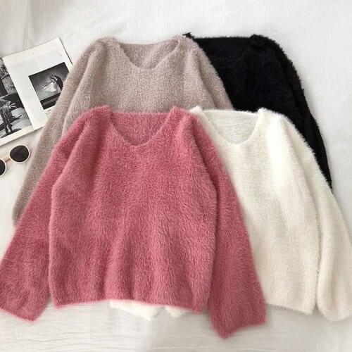 Autumn Winter 2021 Womens Loose V-neck Mohair Sweater Knitted Pullovers Sweater Lantern Sleeve Thick Keep Warm